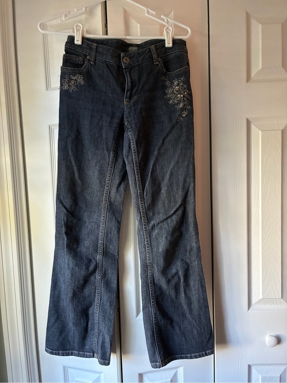 Ann Taylor Dark Blue Embroidered Flare Jeans